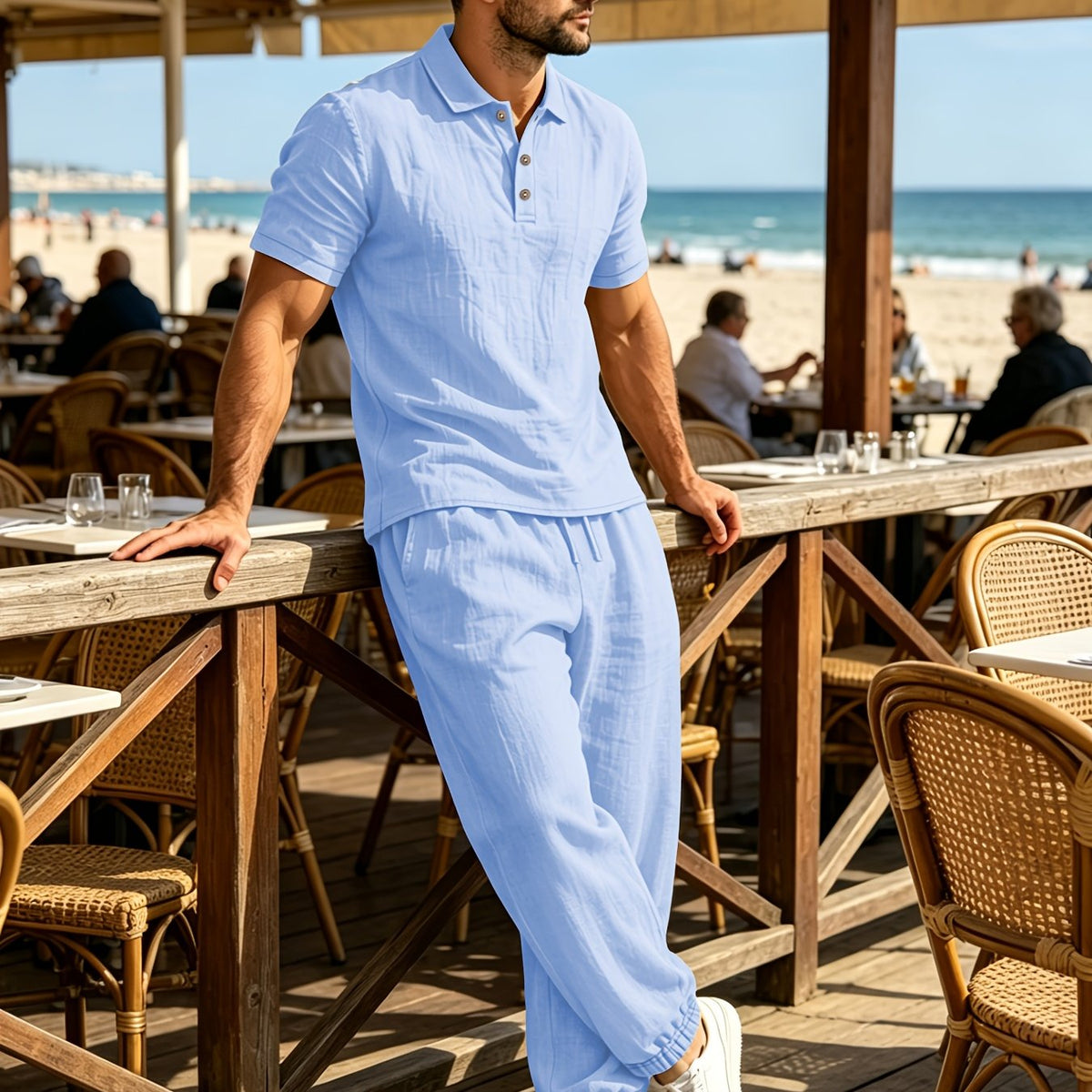 Summer Men'S Linen Shirt And Jogger Pants Set, Casual Open-Front Short Sleeve Shirt with Buttons, Breathable Woven Linen Fabric, Suitable for Daily Commute And Outdoor Activities, Beach Short Sleeve Shirt And Long Pants Set, Gift Idea