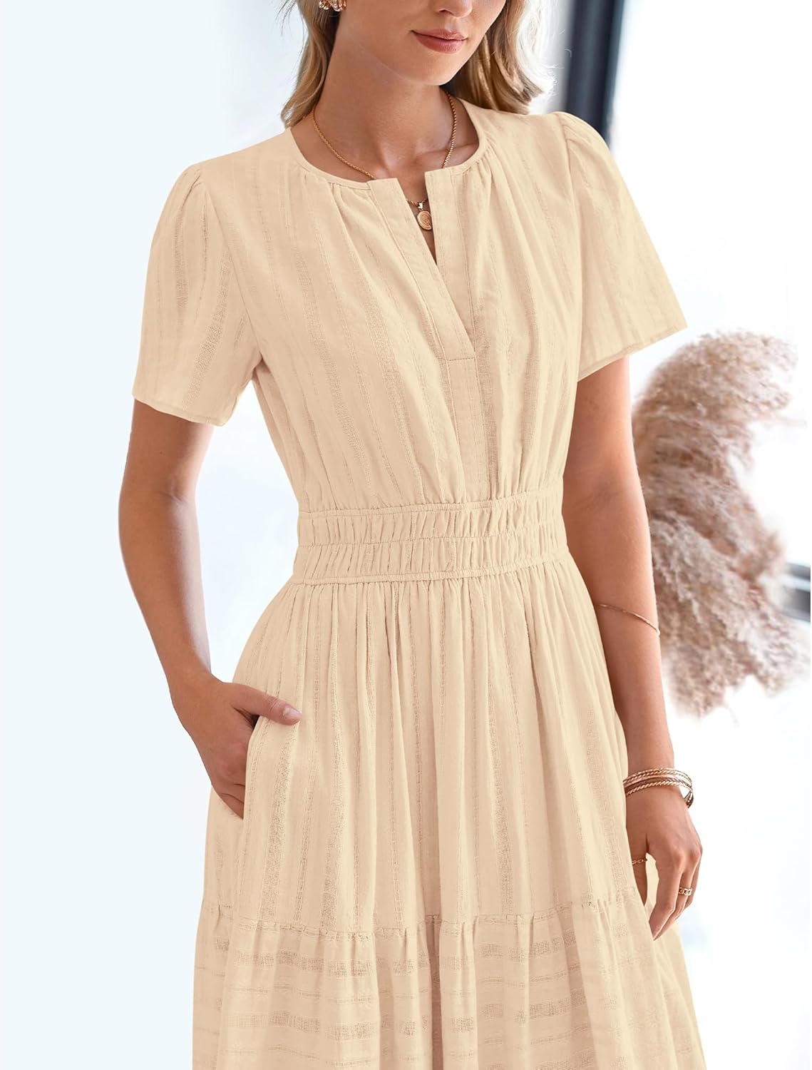 BTFBM Womens Summer 2026 Casual Midi Maxi Dresses Lightweight Short Sleeve V Neck Elastic Waist Boho Beach Dress Pockets