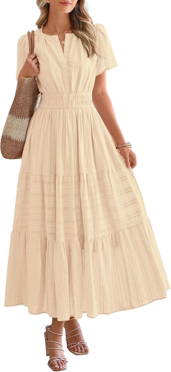 BTFBM Womens Summer 2026 Casual Midi Maxi Dresses Lightweight Short Sleeve V Neck Elastic Waist Boho Beach Dress Pockets
