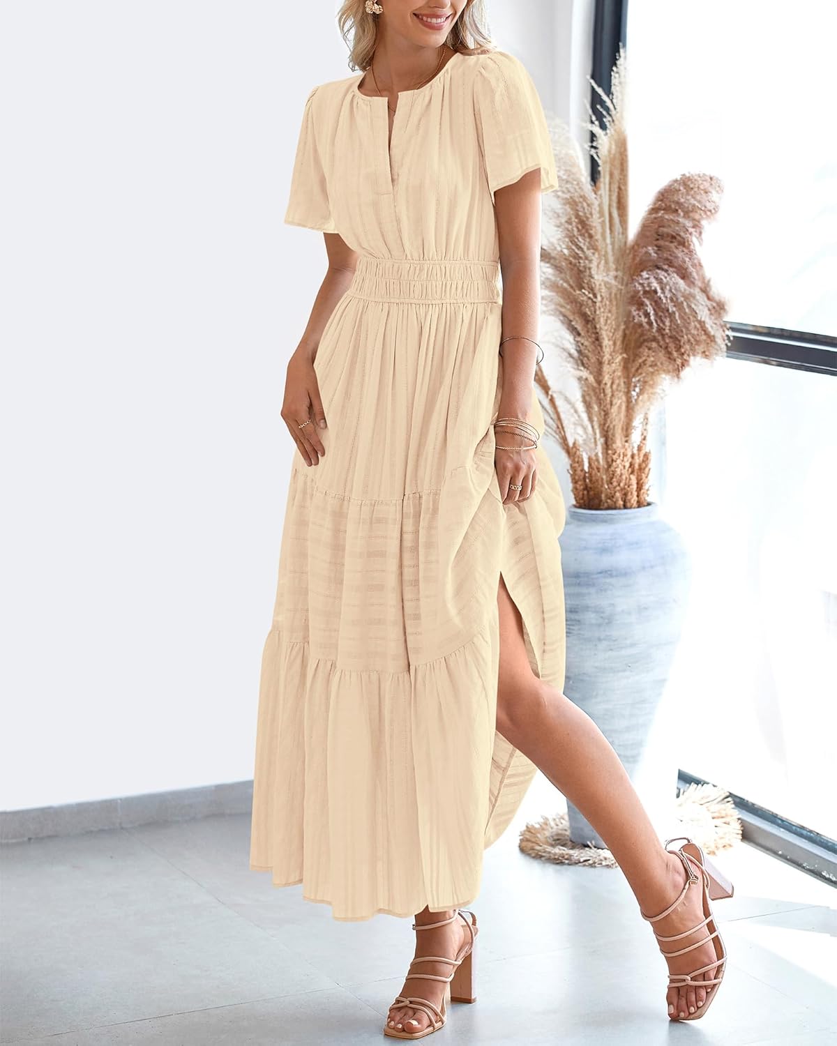 BTFBM Womens Summer 2026 Casual Midi Maxi Dresses Lightweight Short Sleeve V Neck Elastic Waist Boho Beach Dress Pockets