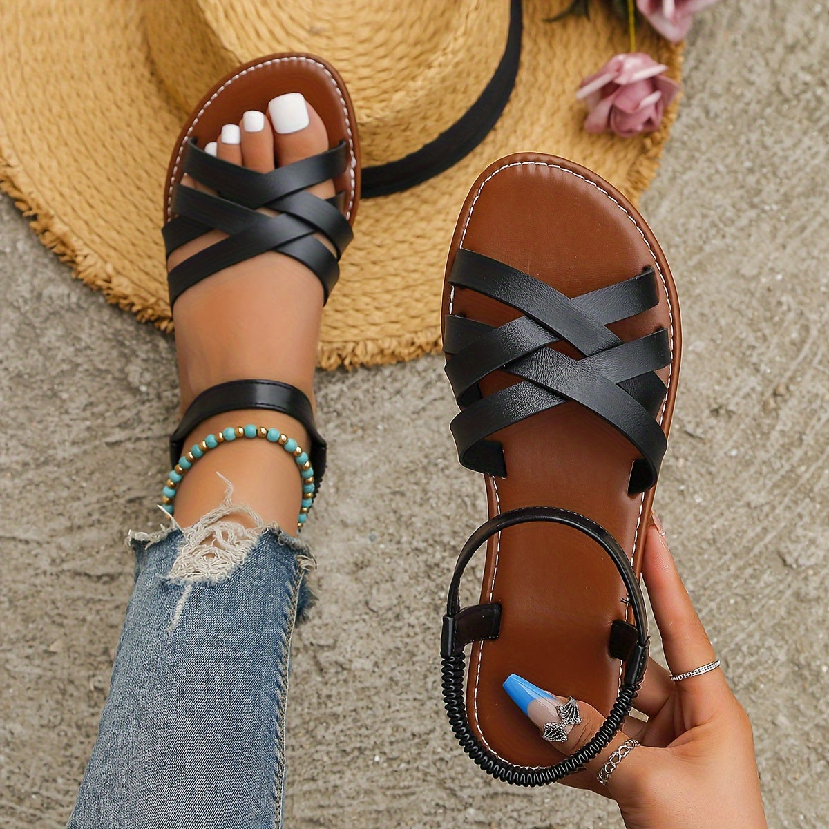Women'S Trendy Cross-Border Roman Flat Sandals, Slip-Resistant, Easy to Wear, Fairy-Style Beach Sandals., Women Shoes