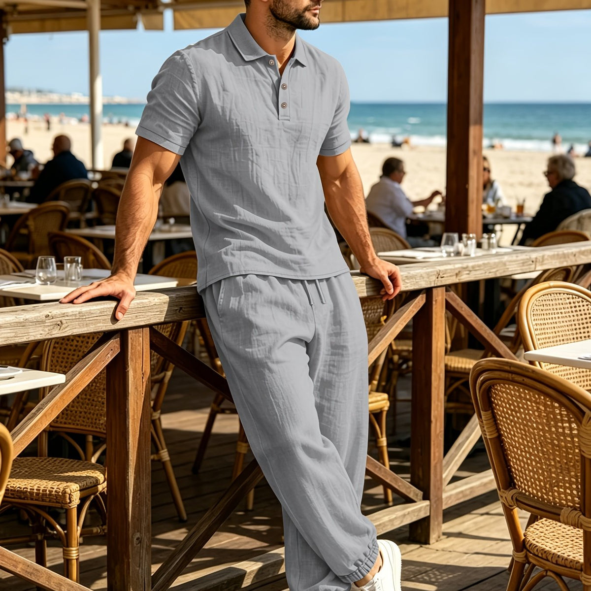 Summer Men'S Linen Shirt And Jogger Pants Set, Casual Open-Front Short Sleeve Shirt with Buttons, Breathable Woven Linen Fabric, Suitable for Daily Commute And Outdoor Activities, Beach Short Sleeve Shirt And Long Pants Set, Gift Idea