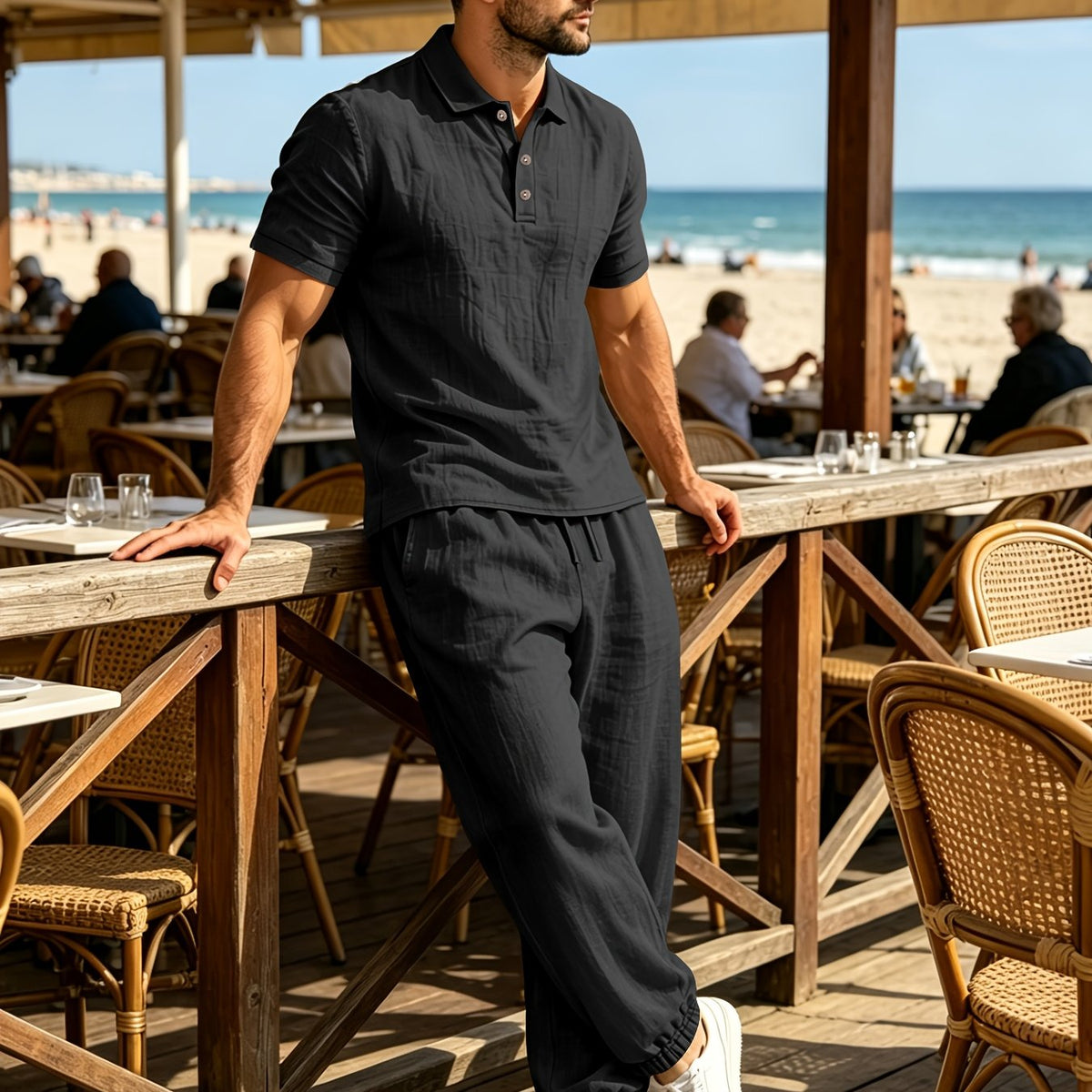 Summer Men'S Linen Shirt And Jogger Pants Set, Casual Open-Front Short Sleeve Shirt with Buttons, Breathable Woven Linen Fabric, Suitable for Daily Commute And Outdoor Activities, Beach Short Sleeve Shirt And Long Pants Set, Gift Idea