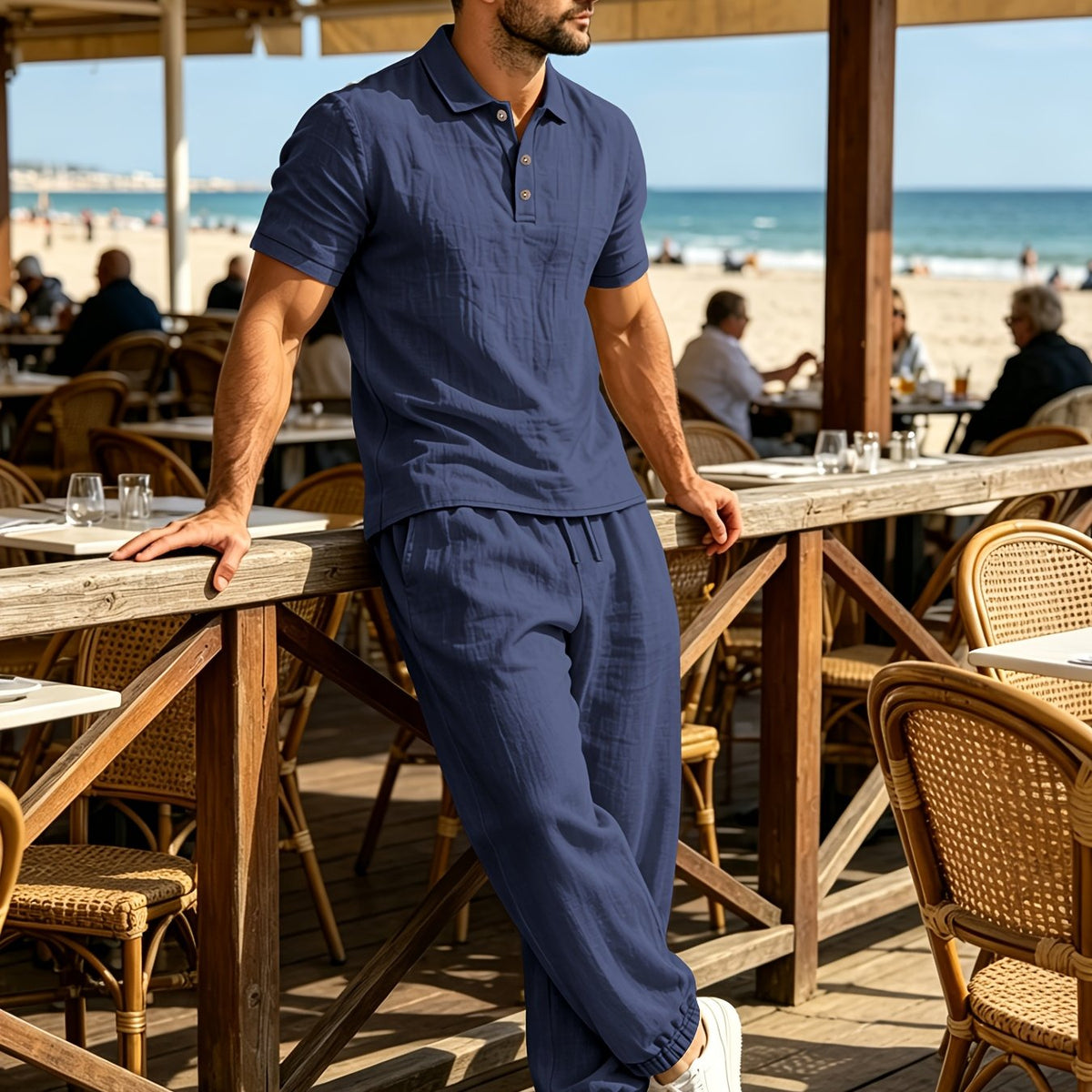 Summer Men'S Linen Shirt And Jogger Pants Set, Casual Open-Front Short Sleeve Shirt with Buttons, Breathable Woven Linen Fabric, Suitable for Daily Commute And Outdoor Activities, Beach Short Sleeve Shirt And Long Pants Set, Gift Idea