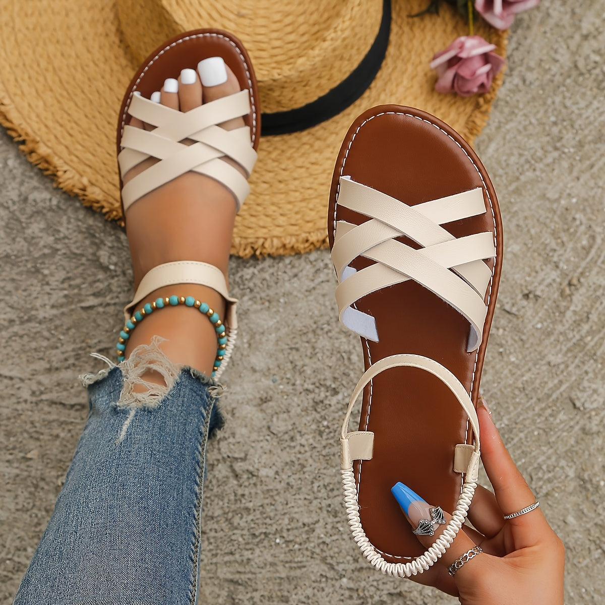 Women'S Trendy Cross-Border Roman Flat Sandals, Slip-Resistant, Easy to Wear, Fairy-Style Beach Sandals., Women Shoes