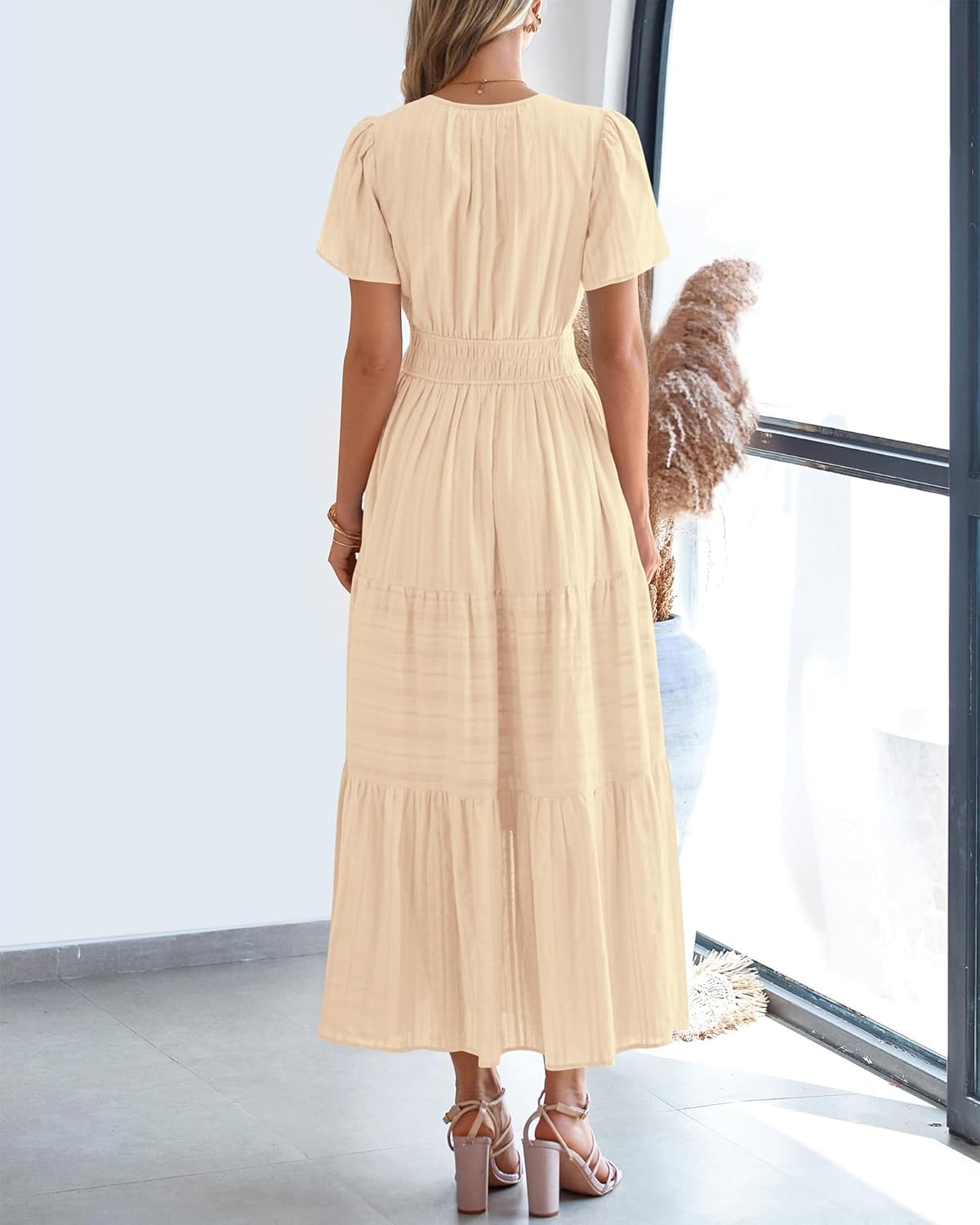 BTFBM Womens Summer 2026 Casual Midi Maxi Dresses Lightweight Short Sleeve V Neck Elastic Waist Boho Beach Dress Pockets