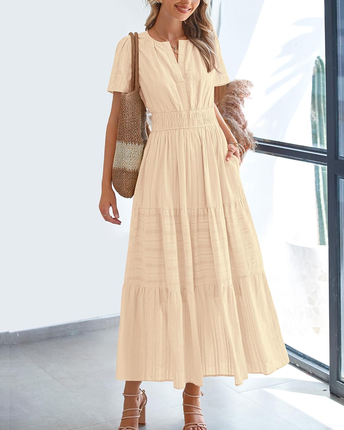 BTFBM Womens Summer 2026 Casual Midi Maxi Dresses Lightweight Short Sleeve V Neck Elastic Waist Boho Beach Dress Pockets