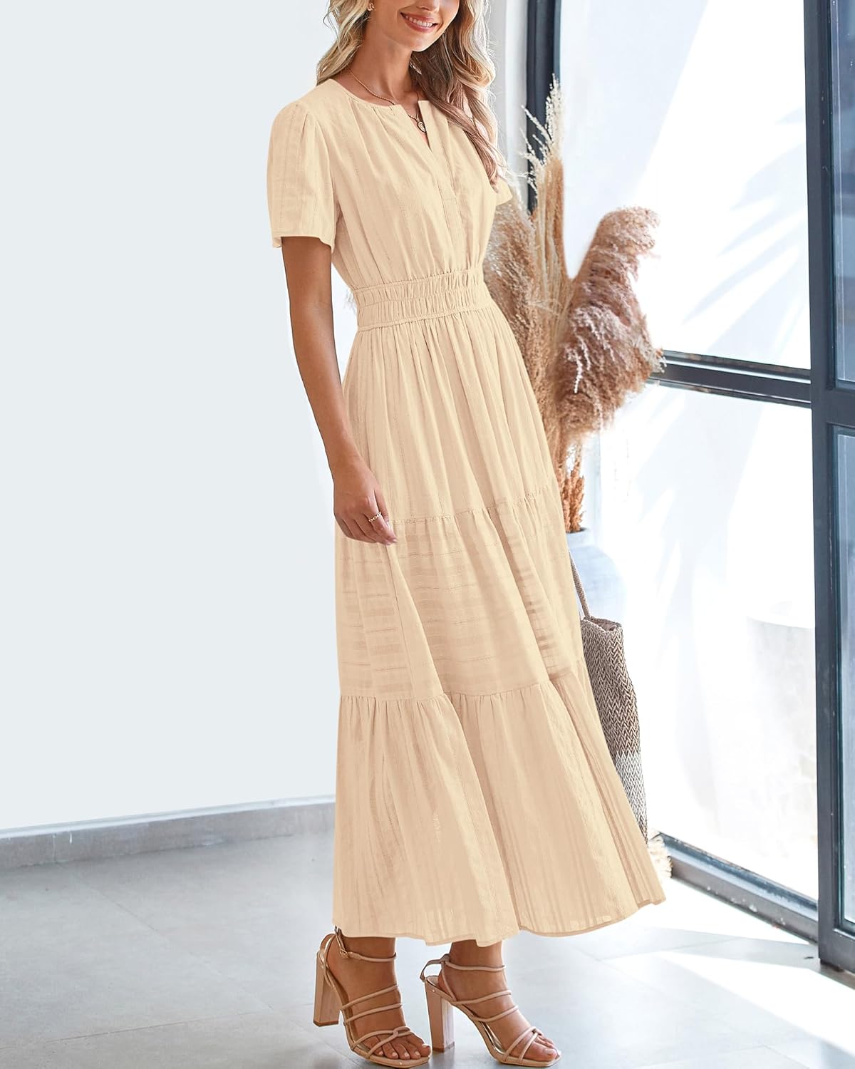 BTFBM Womens Summer 2026 Casual Midi Maxi Dresses Lightweight Short Sleeve V Neck Elastic Waist Boho Beach Dress Pockets