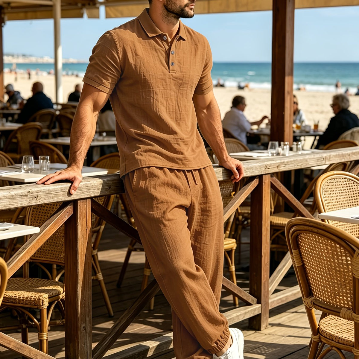 Summer Men'S Linen Shirt And Jogger Pants Set, Casual Open-Front Short Sleeve Shirt with Buttons, Breathable Woven Linen Fabric, Suitable for Daily Commute And Outdoor Activities, Beach Short Sleeve Shirt And Long Pants Set, Gift Idea